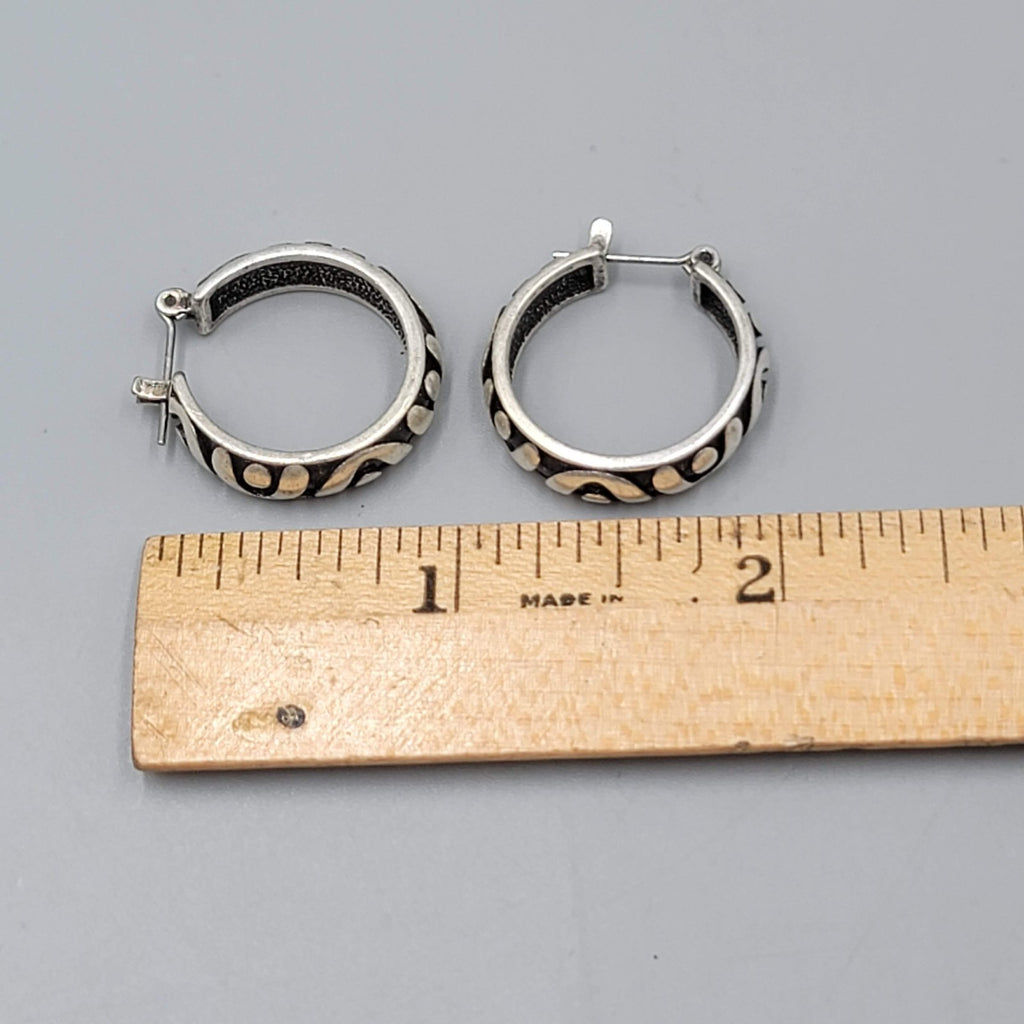 Black Embossed Hoops Pierced Earrings Silver tone 7/8"