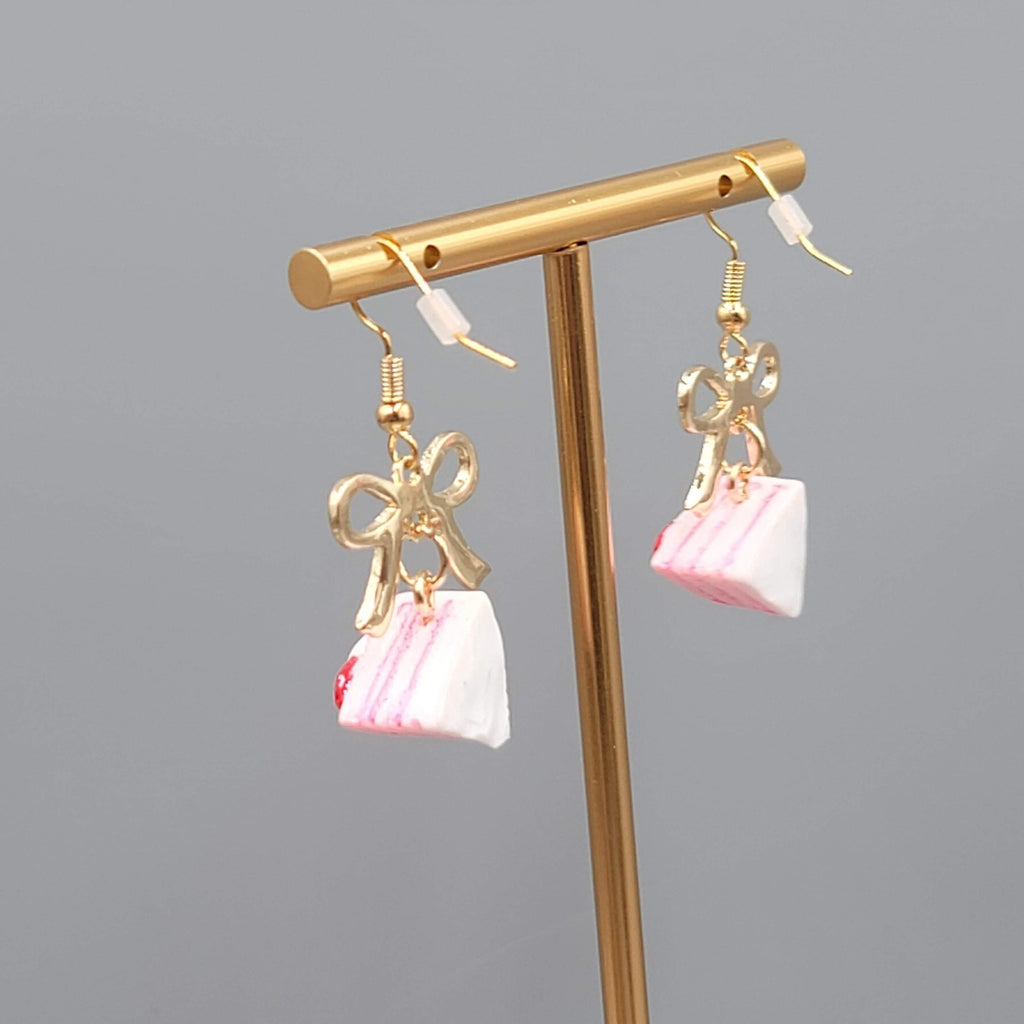 Strawberry Shortcake Slice Pierced Earrings Dangle Bow Gold Tone Cake 1"