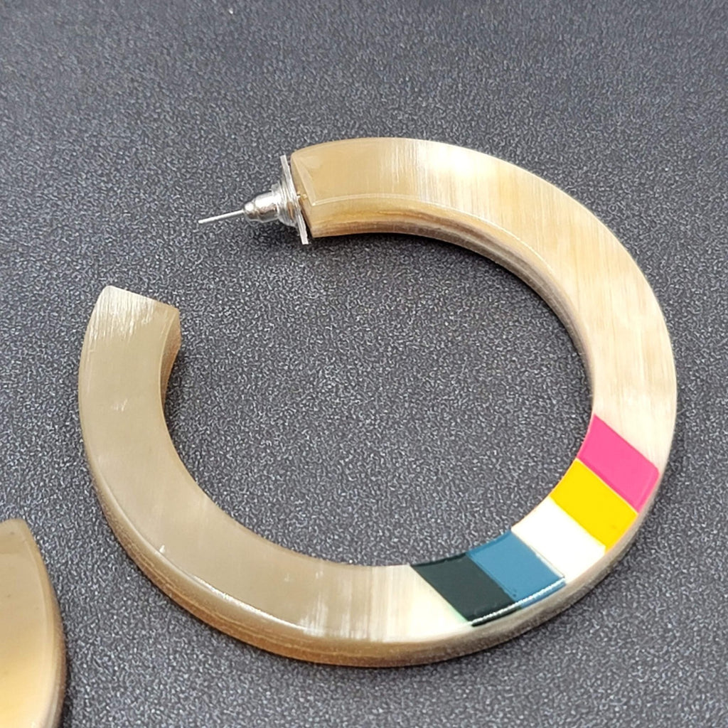 Pierced Earrings Resin Faux Horn Hoops Hand Painted 2 3/8"