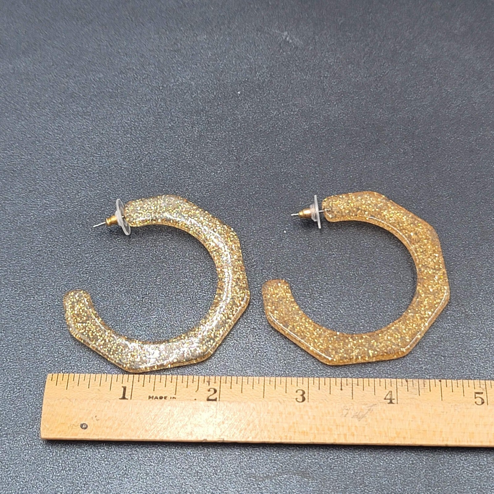 Pierced Earrings Gold Glitter Acrylic Large Hoops Dangle 2"