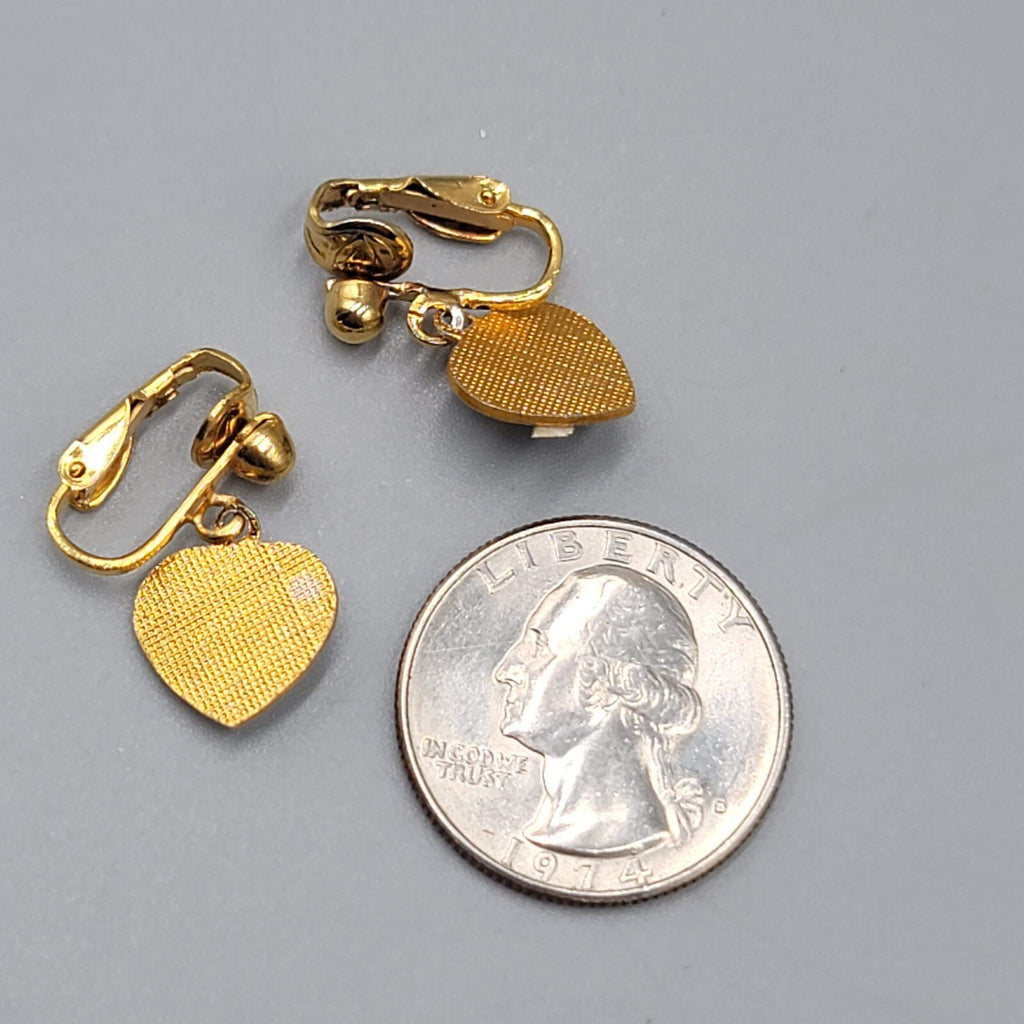 Vintage Blue Heart Dangle Clip on Earrings Gold tone Flower 1/2"