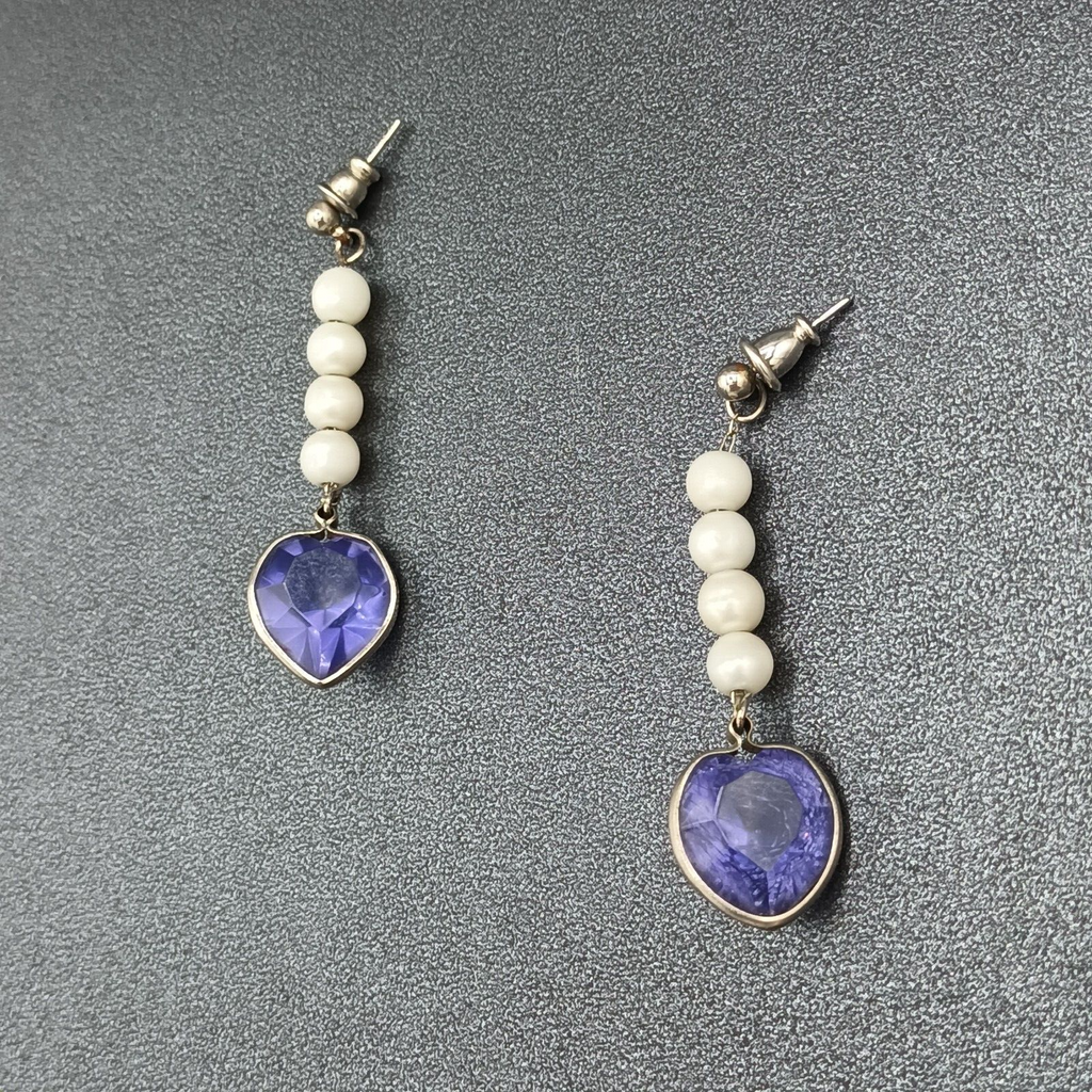 Vintage Pierced Earrings Purple Acrylic Heart Beaded Dangle 2"