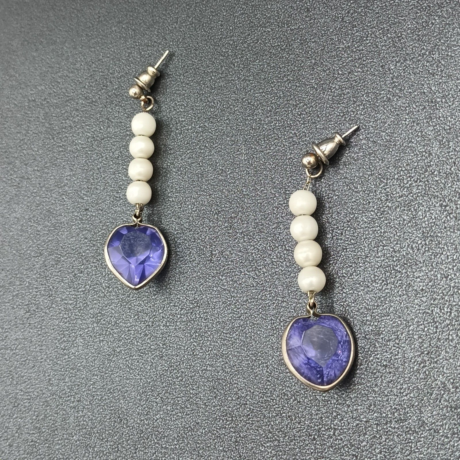 Vintage Pierced Earrings Purple Acrylic Heart Beaded Dangle 2"