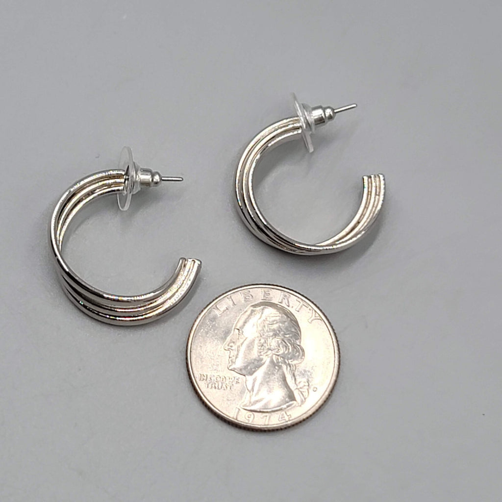 Silver tone Triple Wire Twist Hoop Pierced Earrings Hoops Drop 1"