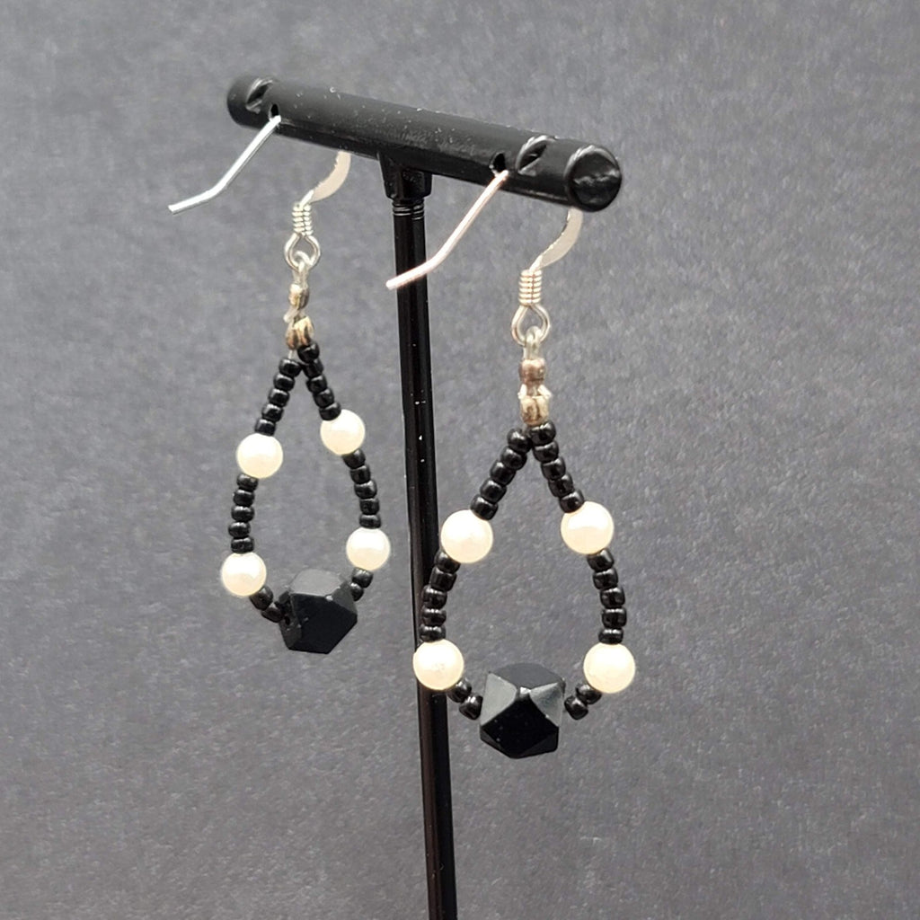 Pierced Earrings White Black Beaded Teardrop Hoops 1 3/8"