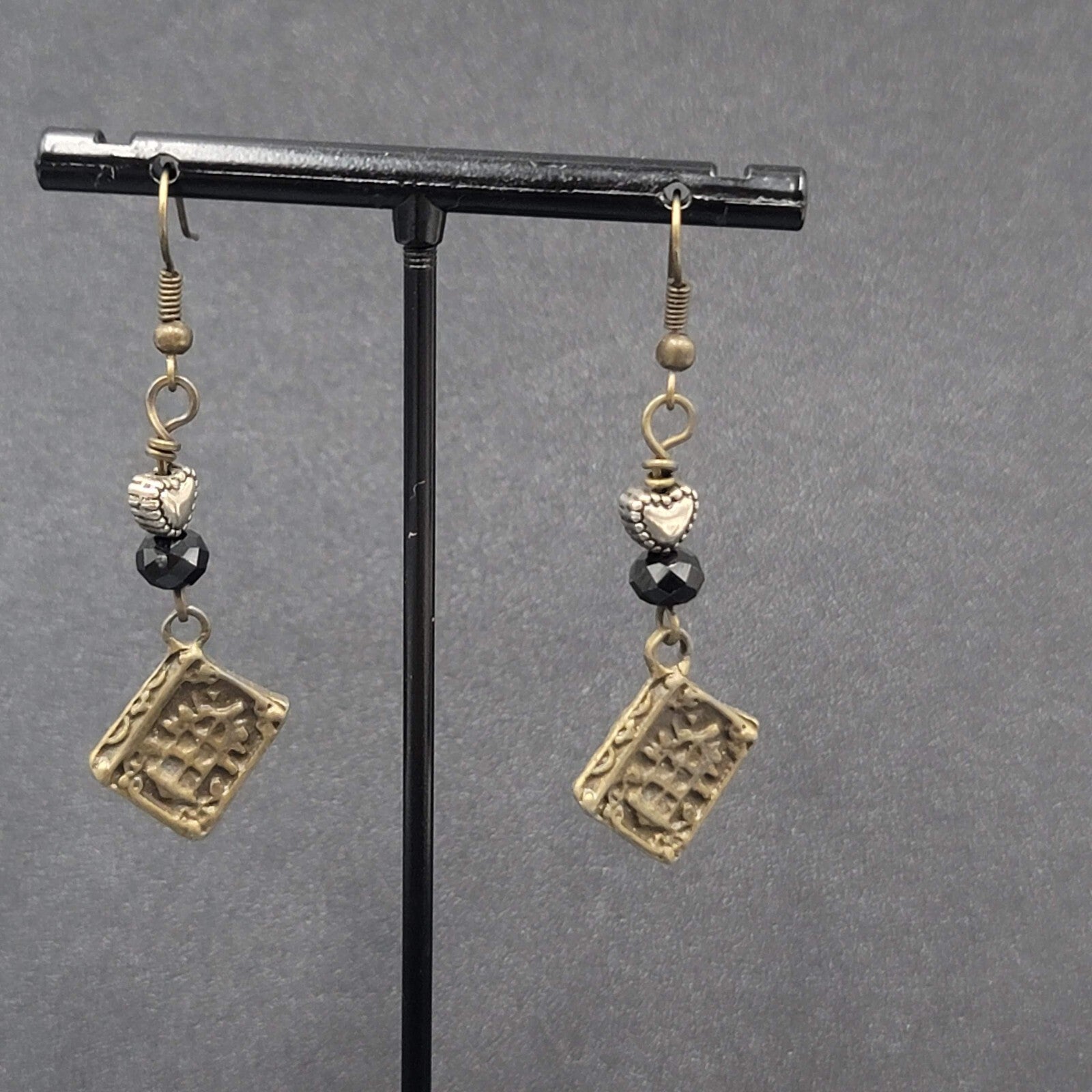 Pierced Earrings Bronze tone Heart Beaded Book Charm Dangle 1 5/8"