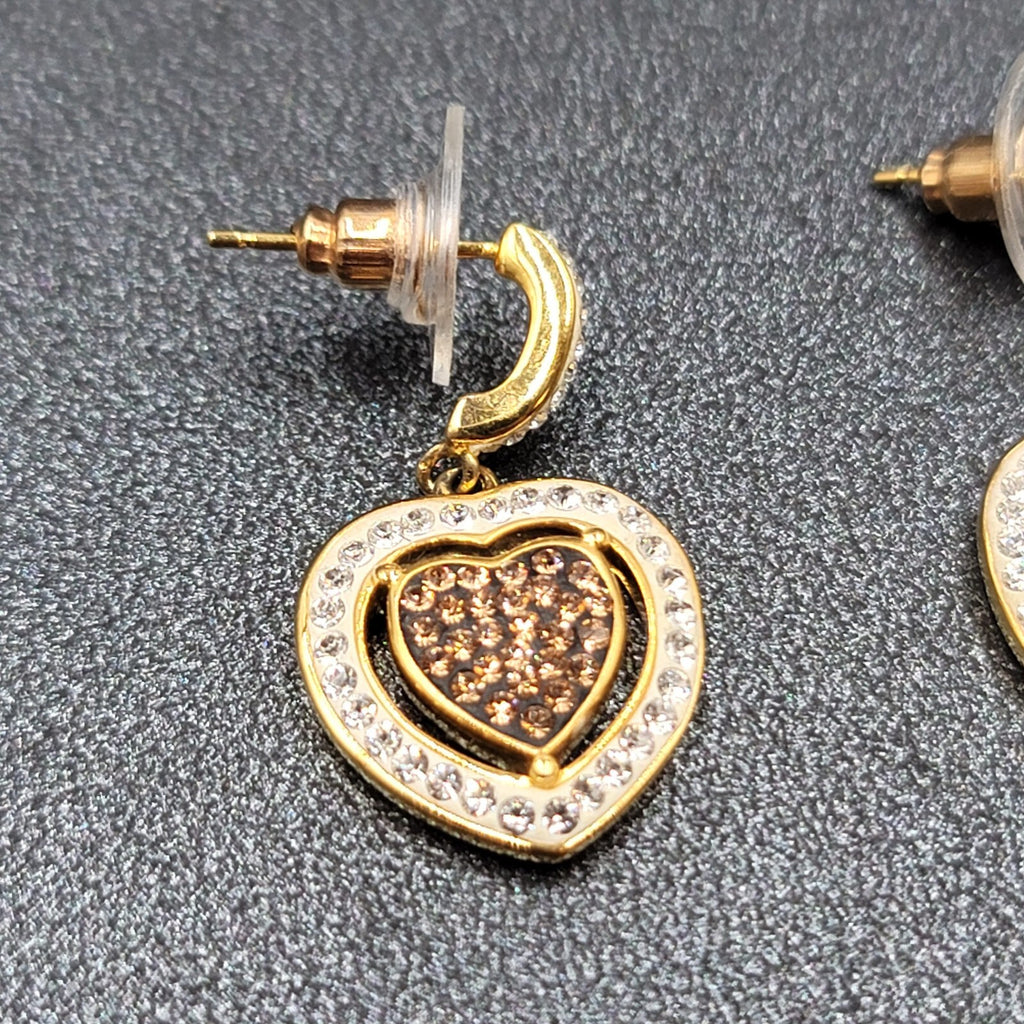 Sterling Silver Pierced Earrings Gold Plated Crystal Heart Dangle 1" 925