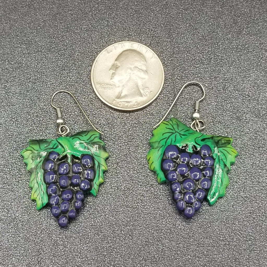 Vintage Pierced Earrings Green and Purple Hand painted Grape Dangle 1 3/8"