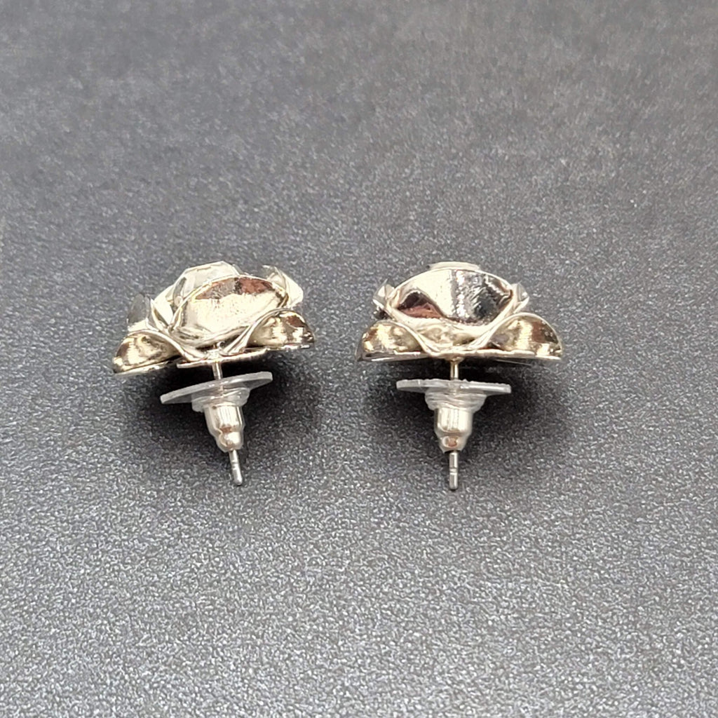 Pierced Earrings Silver tone Rhinestones Flower 3D Studs  3/4"