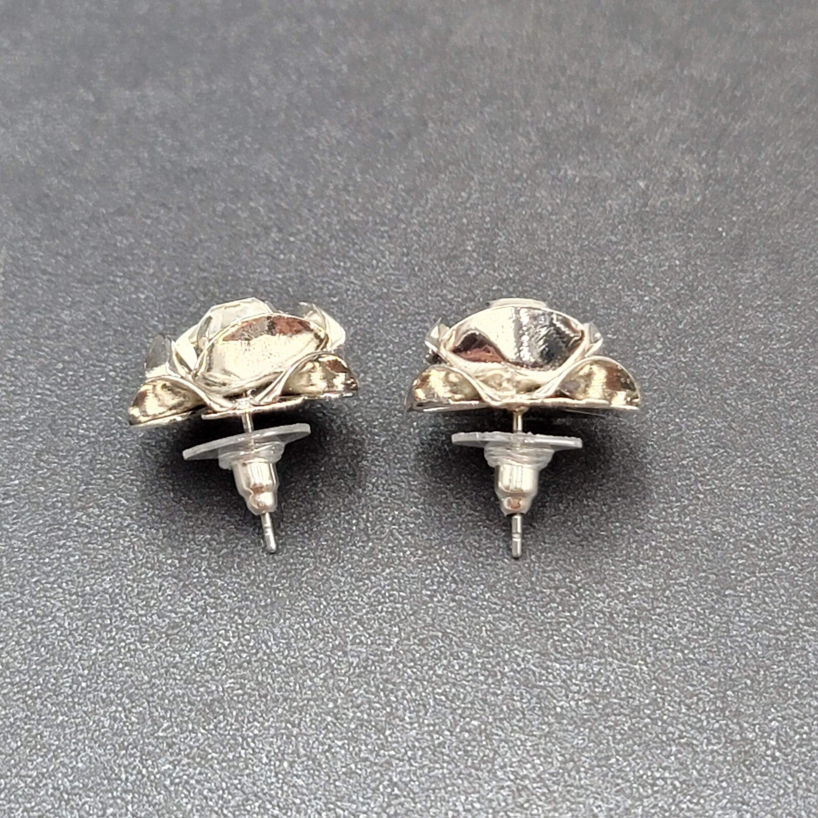 Pierced Earrings Silver tone Rhinestones Flower 3D Studs  3/4"