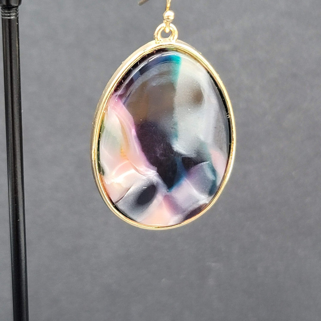 Pierced Earrings Gold tone Confetti Acrylic Teardrop Dangle 1.25"