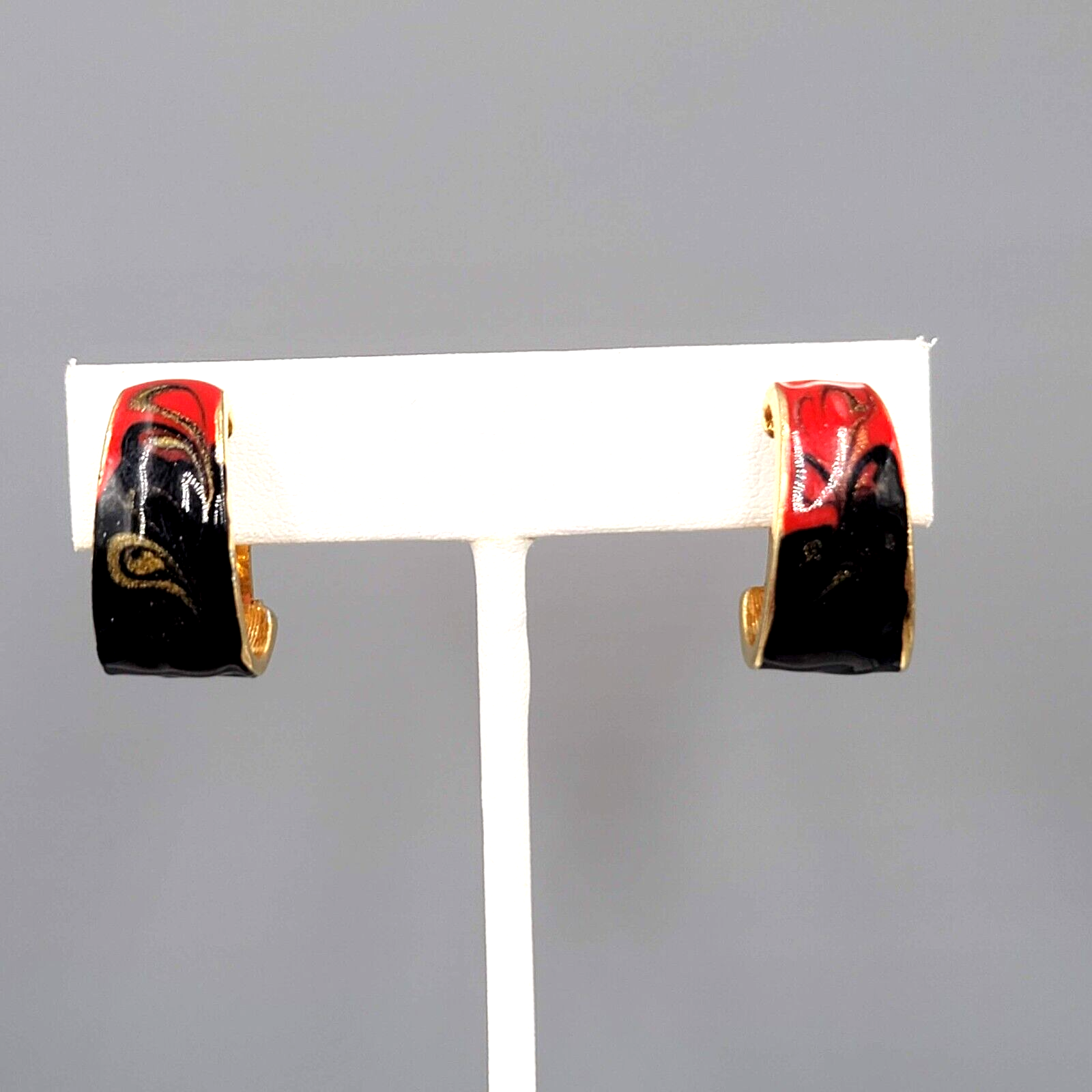 Vintage Clip on Earrings Red Black Enamel Half Hoop Gold tone 3/4"