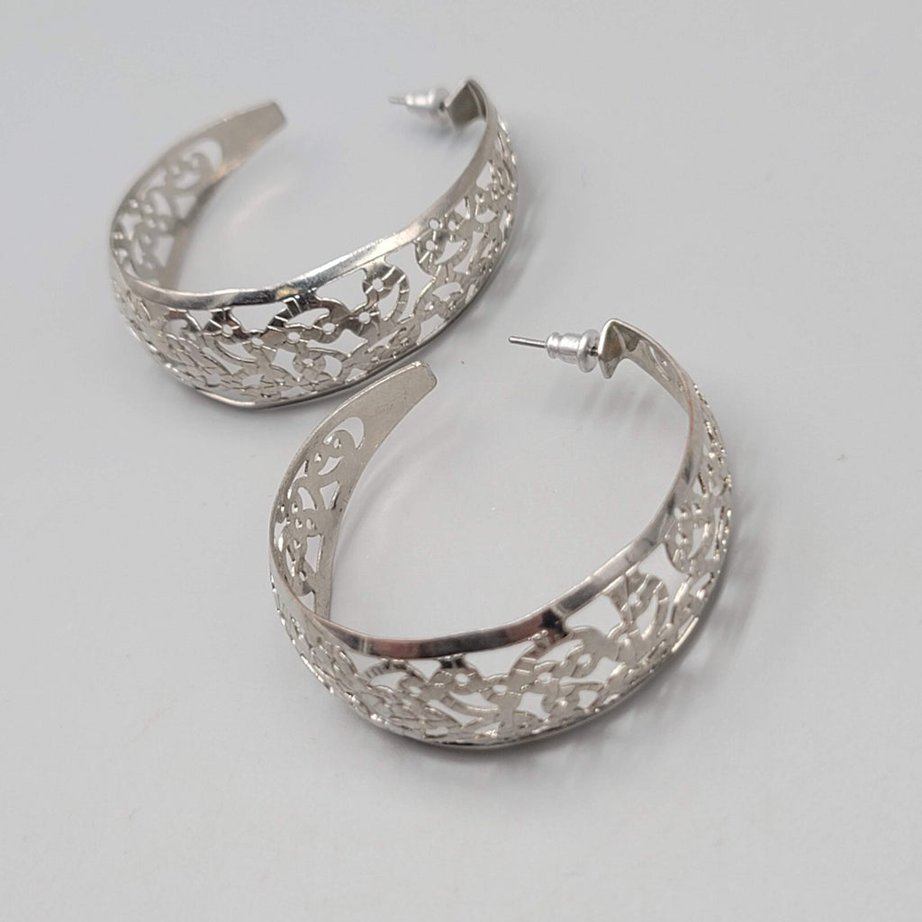 Filigree Hoop Pierced Earrings Drop Silver tone 1.75"