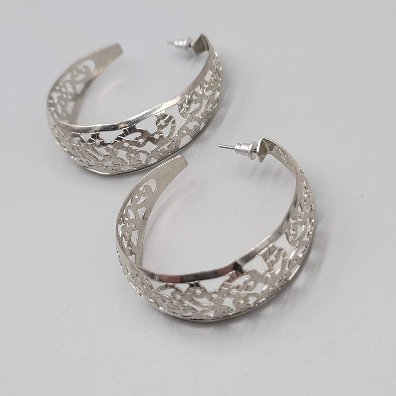 Filigree Hoop Pierced Earrings Drop Silver tone 1.75"