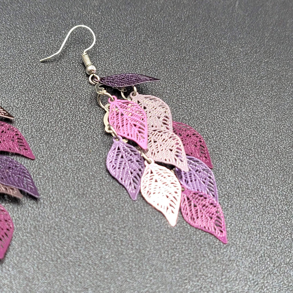 Pierced Earrings Purple Metal Laser Cut Chandelier Dangle 2.5"