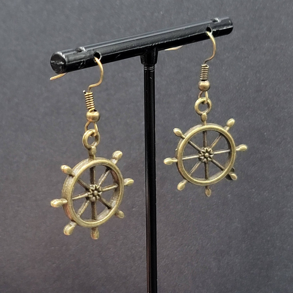 New Helm Pierced Earrings Bronze tone Ships Wheel Nautical Dangle 1"