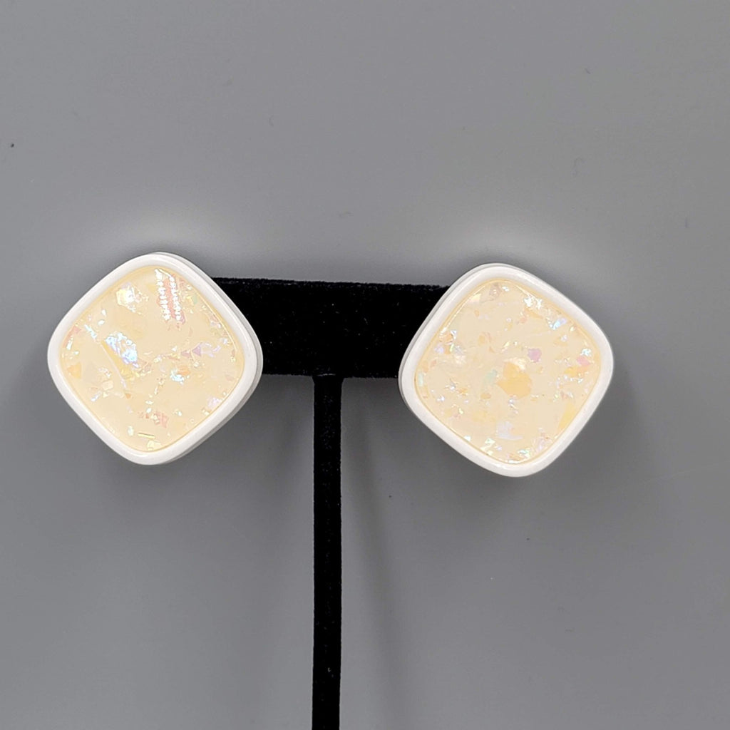 Vintage White Confetti Pierced Earrings Acrylic Square Drop 1.25"