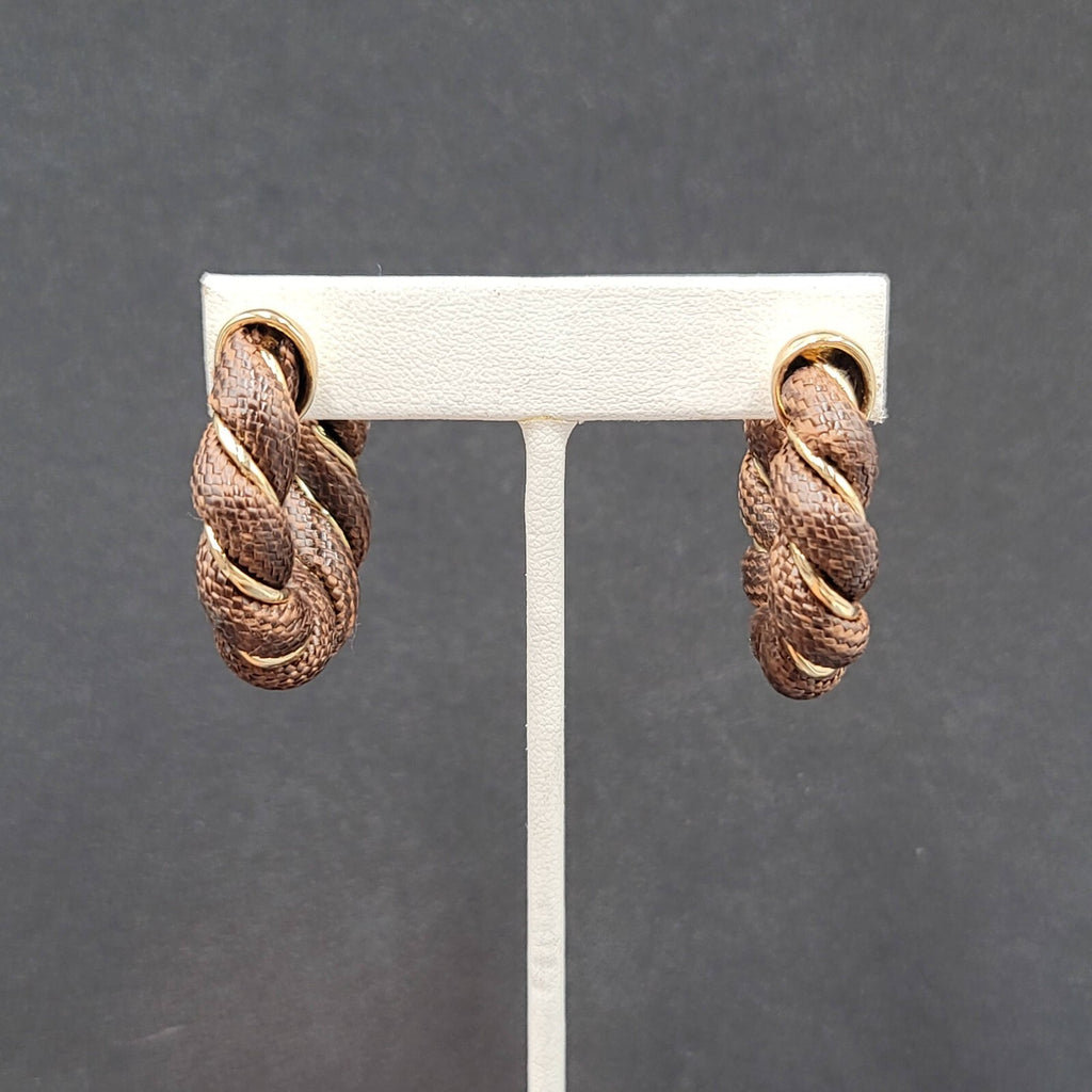 Pierced Earrings Gold tone Brown Fabric Wrapped Drop Hoops 1.5"