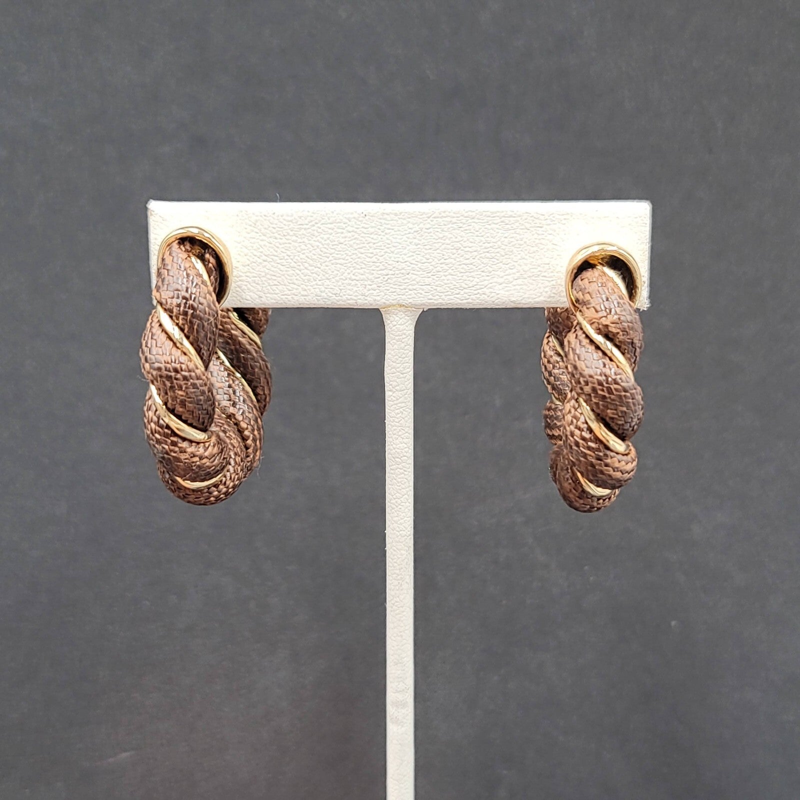Pierced Earrings Gold tone Brown Fabric Wrapped Drop Hoops 1.5"