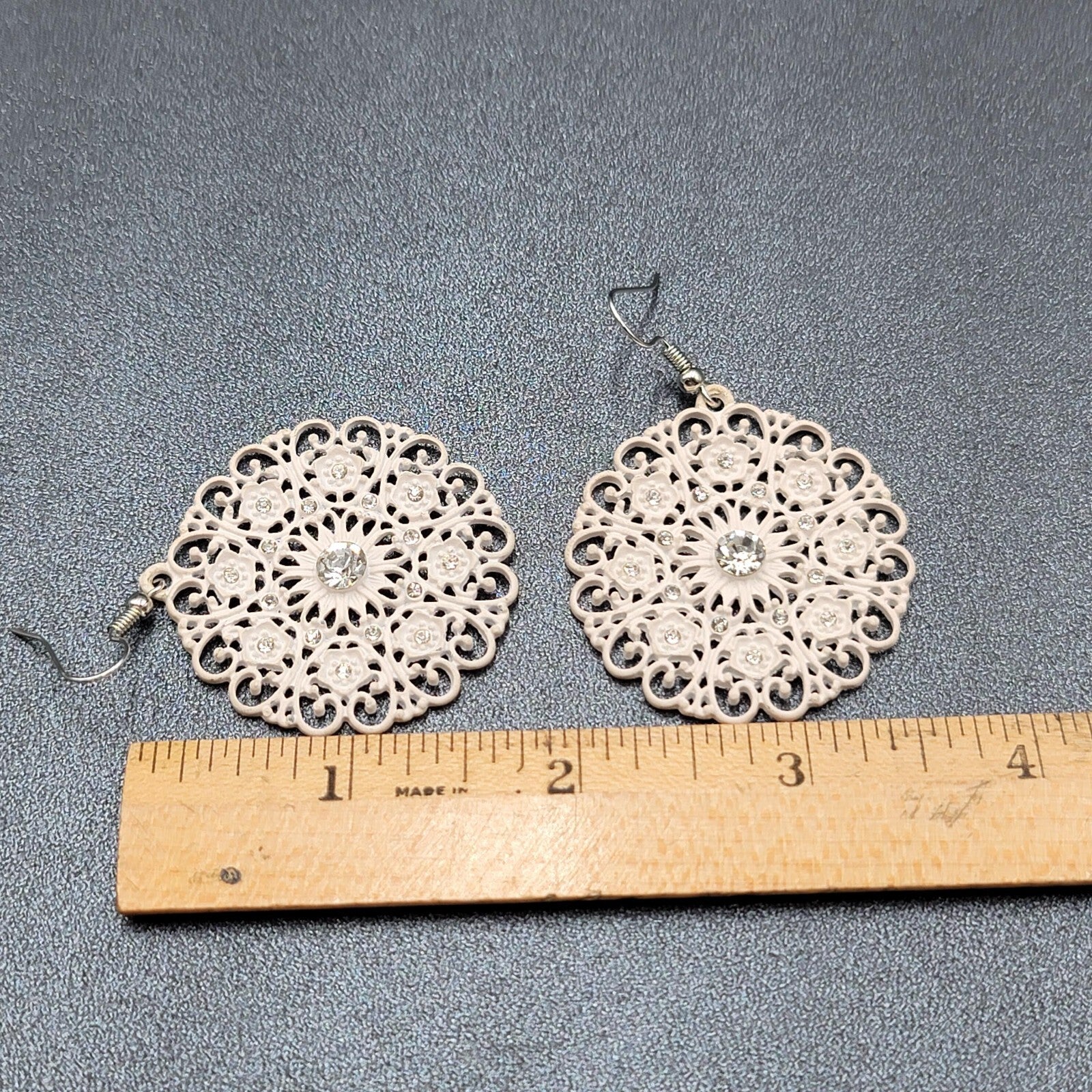 Pierced Earrings White Enamel Rhinestone Medallion Open Work 1.75"
