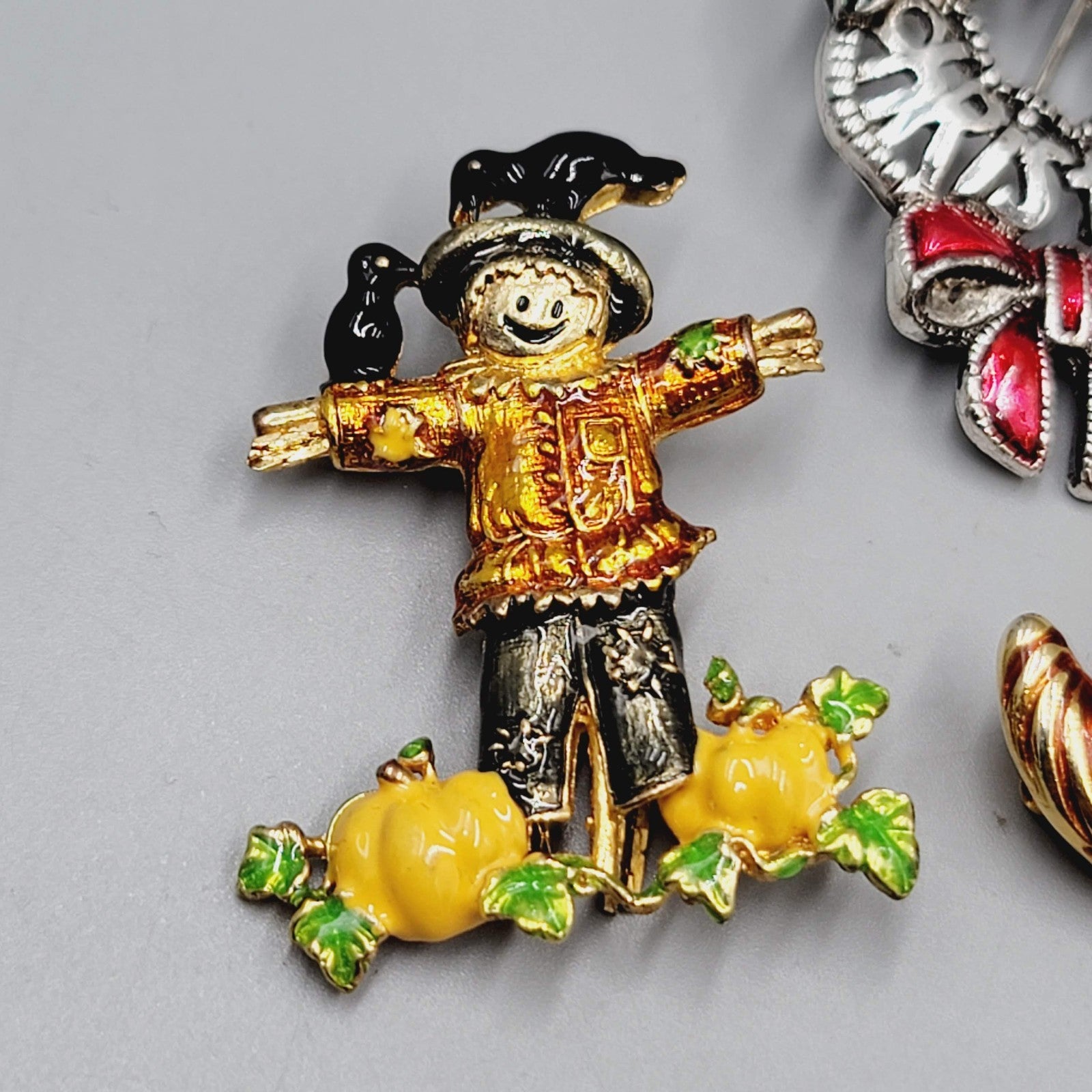 Vintage Holiday Brooch Gold tone Cornucopia Merry Christmas Scarecrow Lot of 3