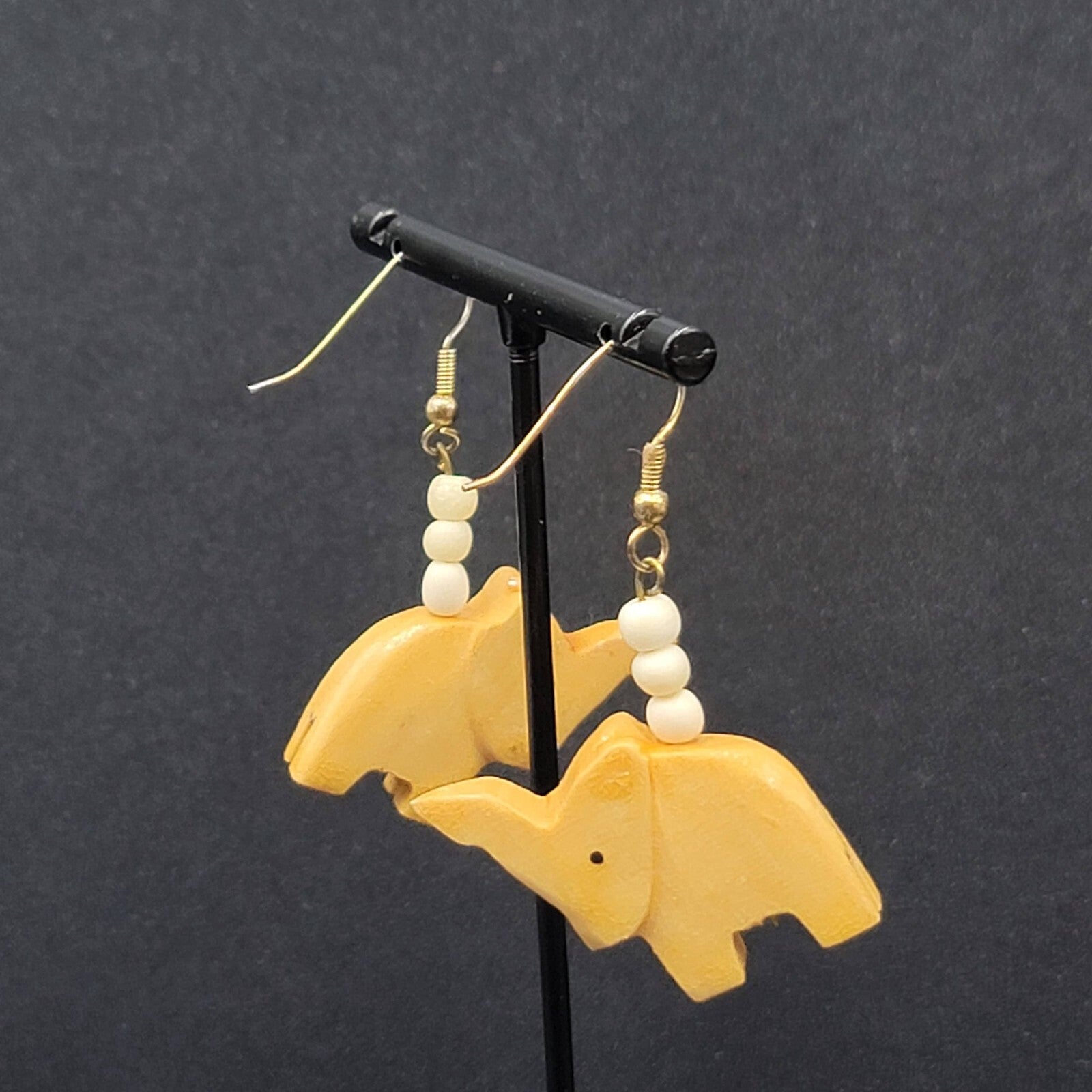 Vintage Pierced Earrings Solid Wood Hand Carved Elephant Dangle 1.5"