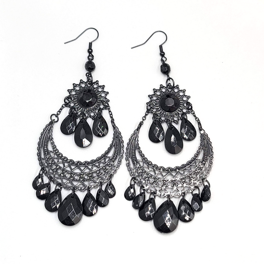 Black Enamel Chandelier Pierced Earrings Beaded Dangle LONG 4"