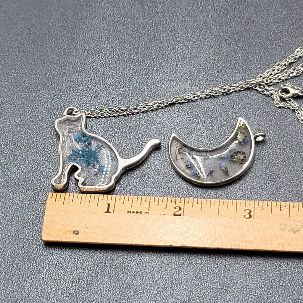 Cat Moon Necklace Silver tone Real Flower Resin Pendants 2 & one chain 18"