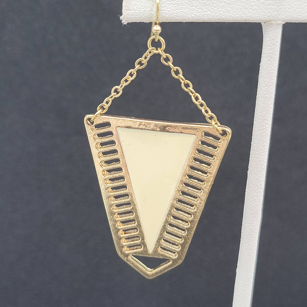 Pierced Earrings Gold tone Cream White Enamel Statement Dangle 2 1/8"
