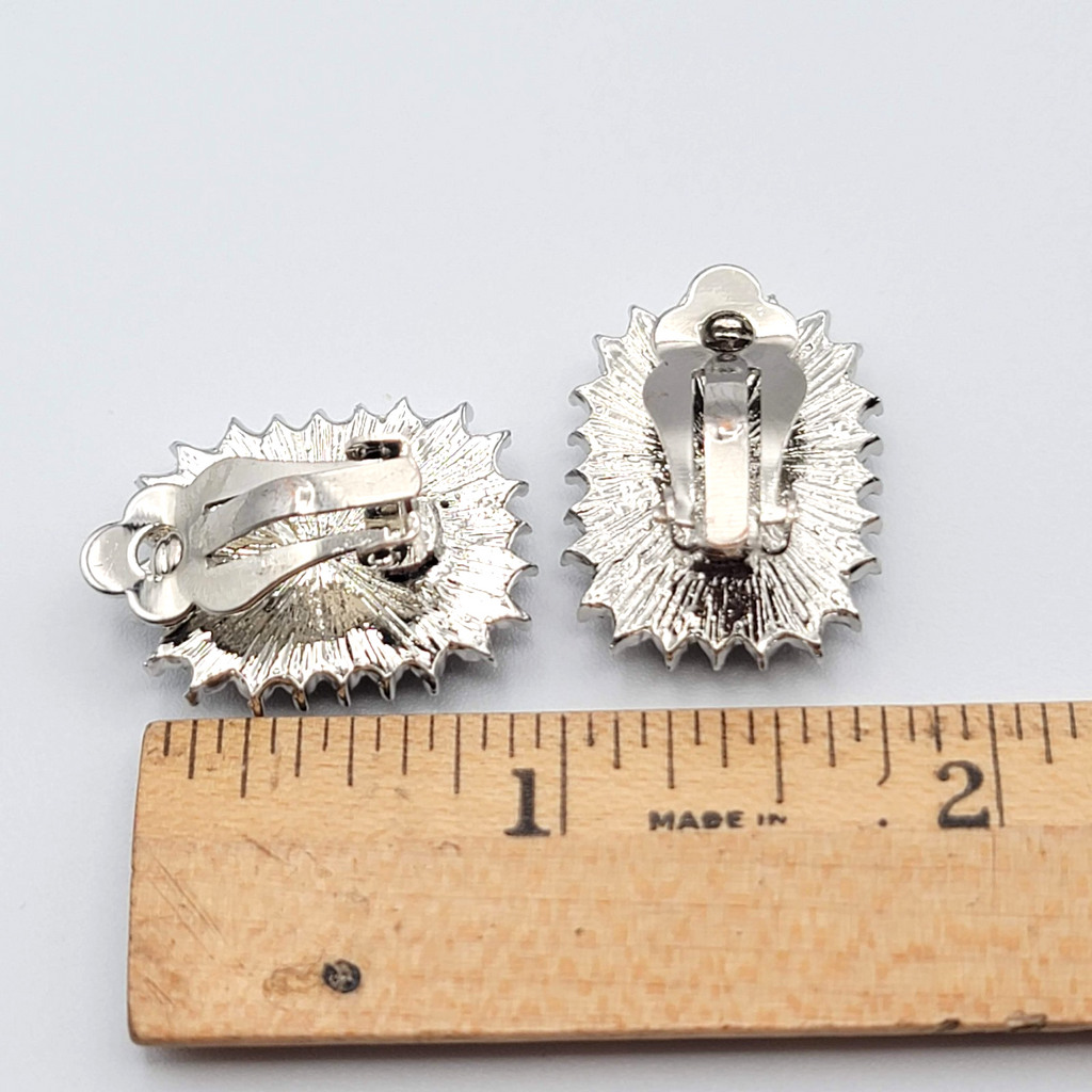 Vintage Faceted Black Glass Clip on Earrings Silver tone 1 in