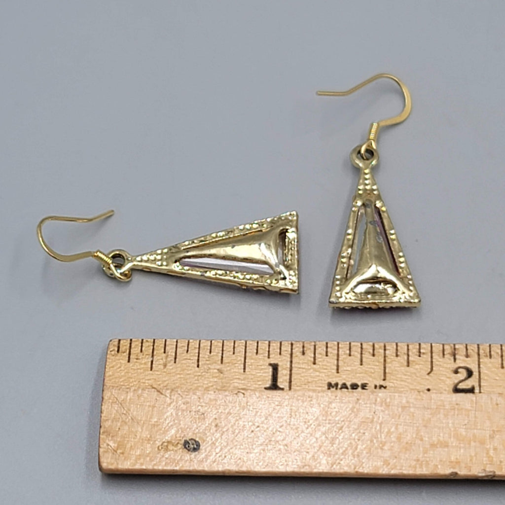 Triangle Pink Rhinestone Pierced Earrings Gold tone Dangle 7/8"