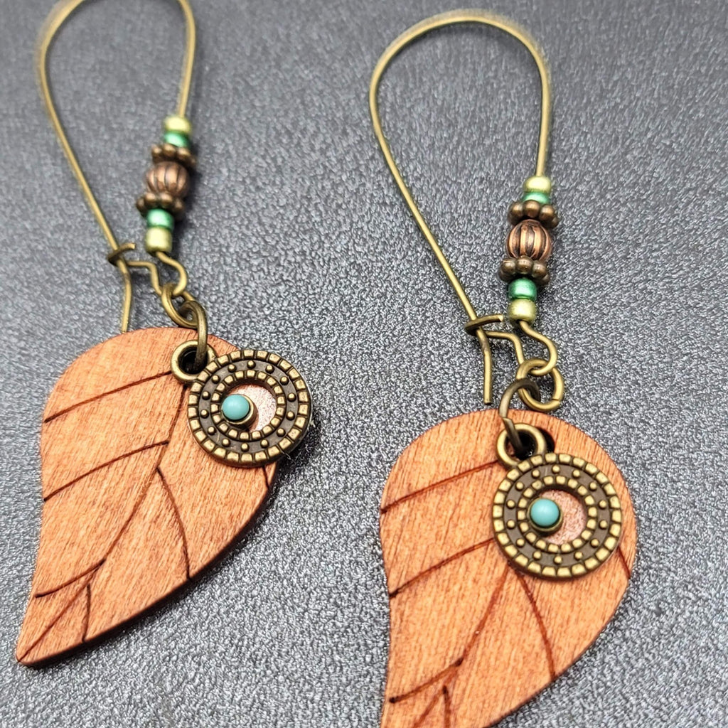 New Boho Pierced Earrings Gold tone Wood Leaf Beaded Dangle 2.75"