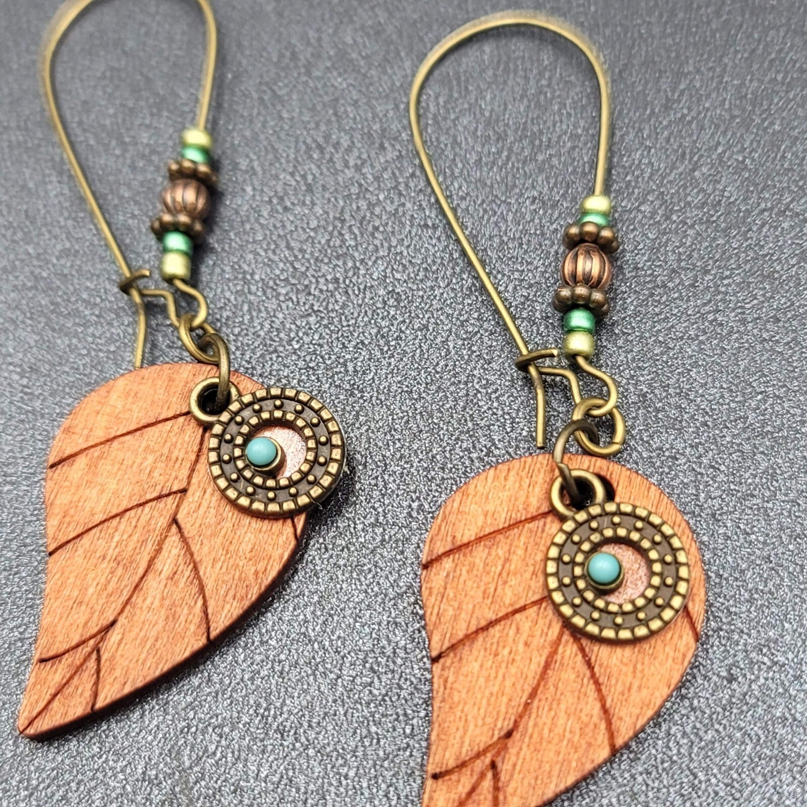 New Boho Pierced Earrings Gold tone Wood Leaf Beaded Dangle 2.75"