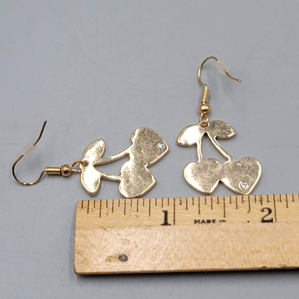 Heart Cherry Dangle Pierced Earrings Glitter Enamel Gold Tone Cute 1"