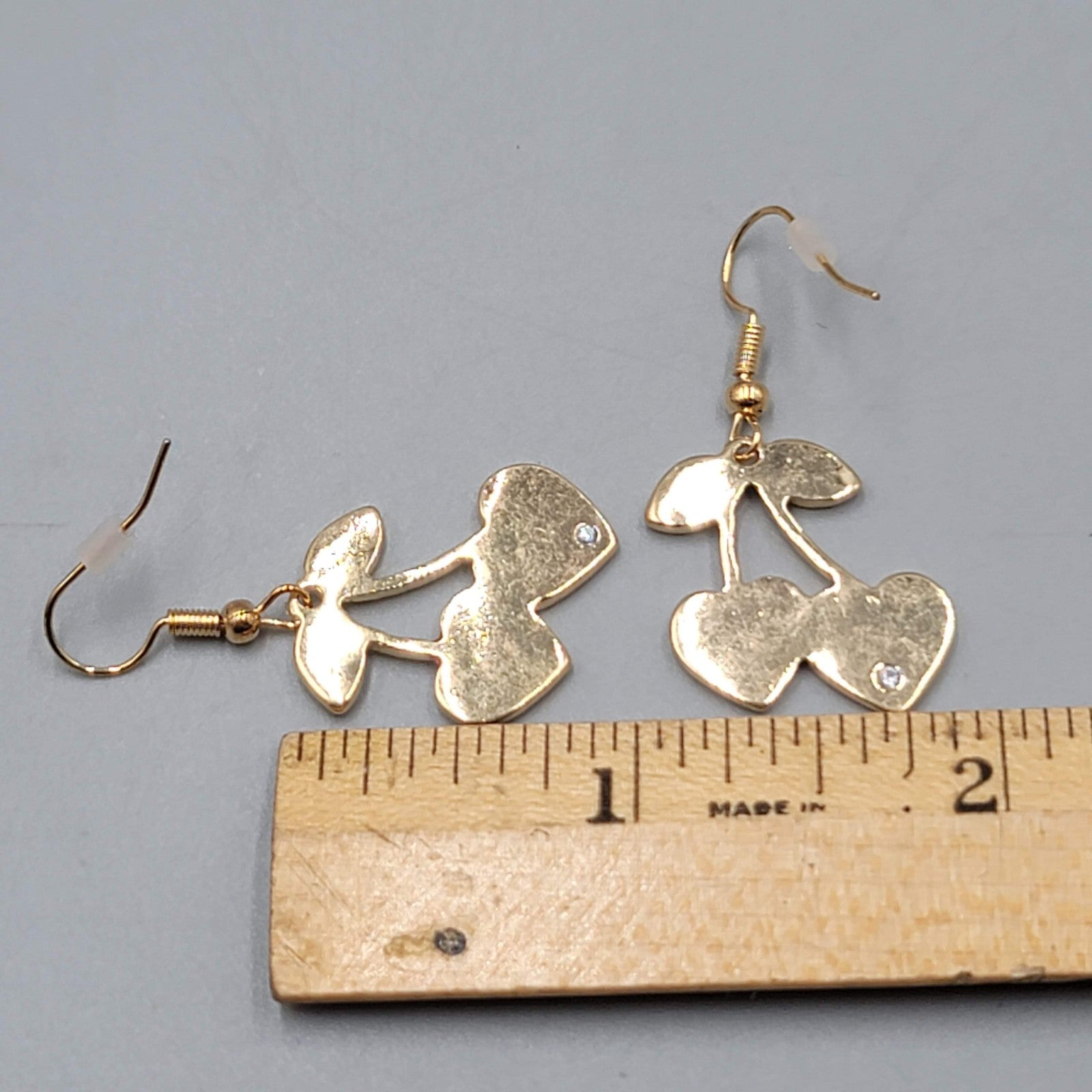 Heart Cherry Dangle Pierced Earrings Glitter Enamel Gold Tone Cute 1"