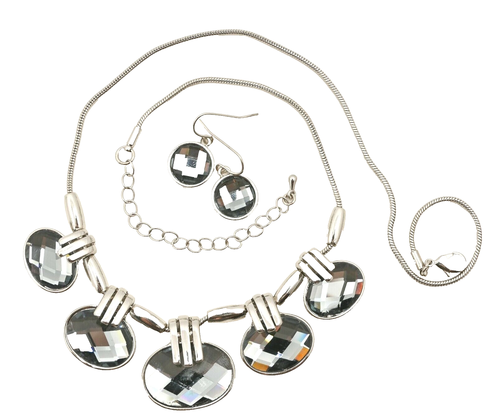 Faceted Glass Statement Necklace Pierced Earring Jewelry Set 19" - 22"