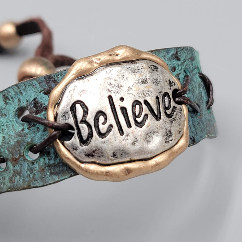 Believe Bracelet Metal and Leather Adjustable Strap Men Women Unisex