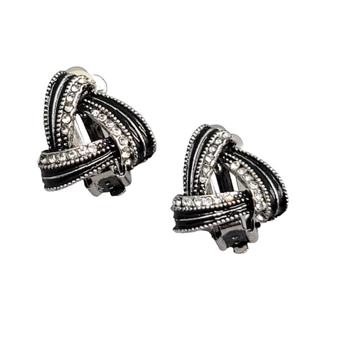 Black Enamel Open Triangle Rhinestone Clip on Earrings Silver tone 3/4"