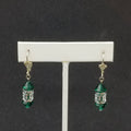 Pierced Earrings Silver tone Open Work Green Faceted Crystal Dangle 7/8"