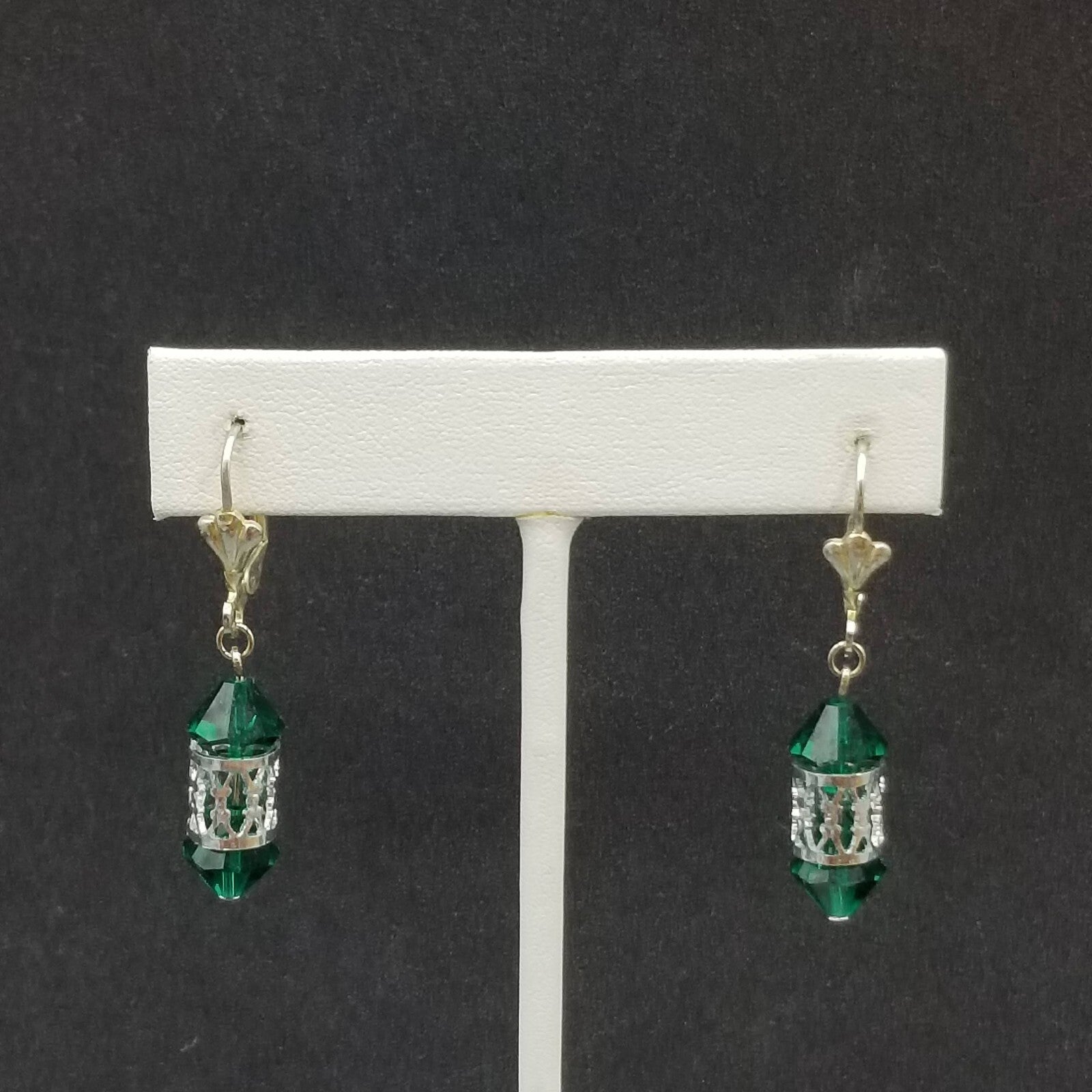 Pierced Earrings Silver tone Open Work Green Faceted Crystal Dangle 7/8"