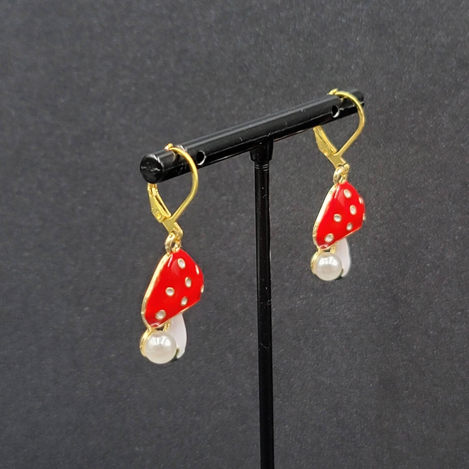 Mushroom Pierced Earrings Faux Pearl Enamel Red White Polka Dot Dangle 3/4"