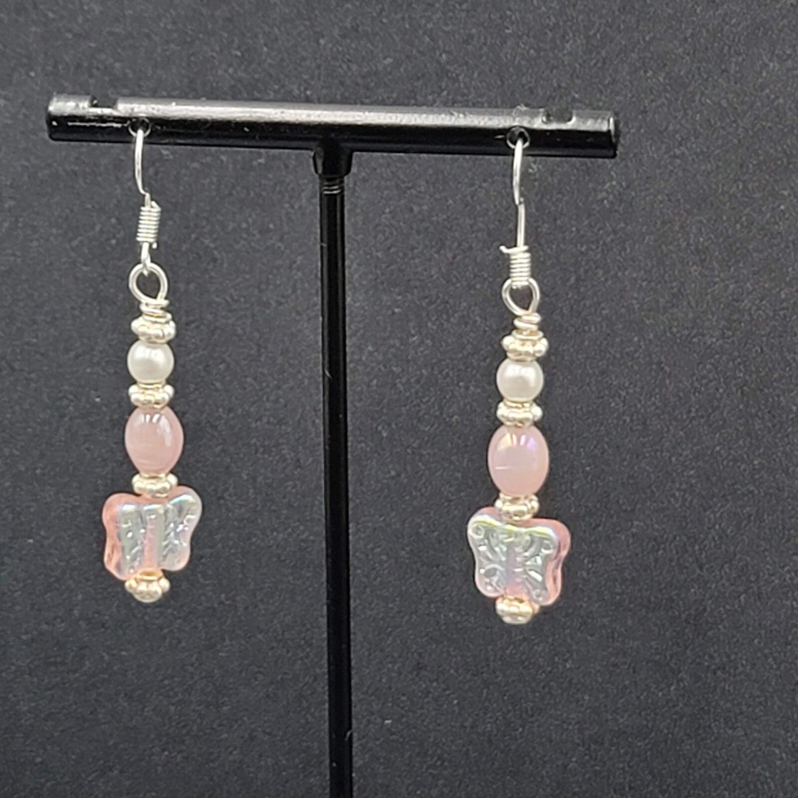 New Pierced Earrings Silver tone Iridescent Butterfly Bead Dangle Pink 1.5"