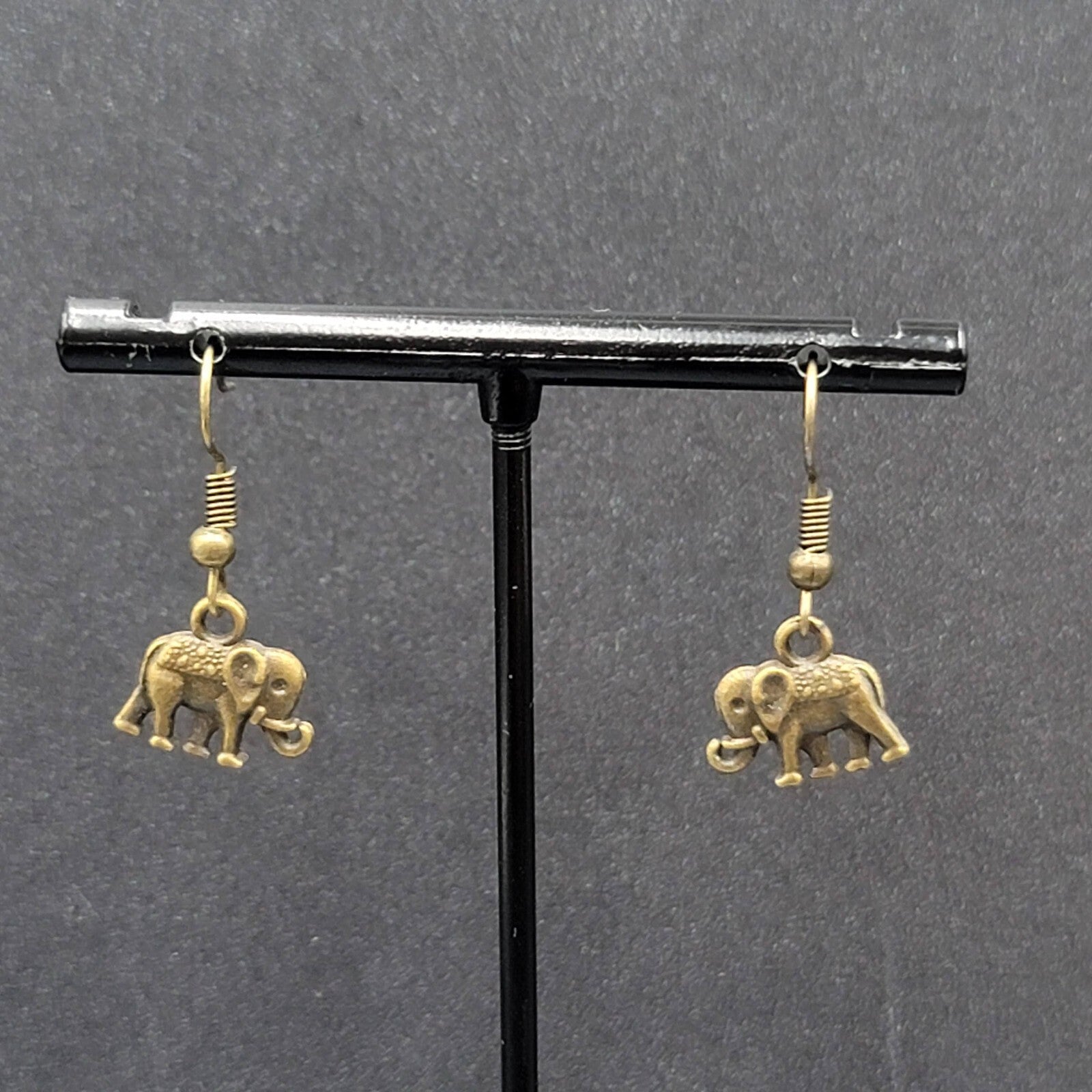 New Elephant Pierced Earrings Embossed Bronze tone Dangle 1/2"