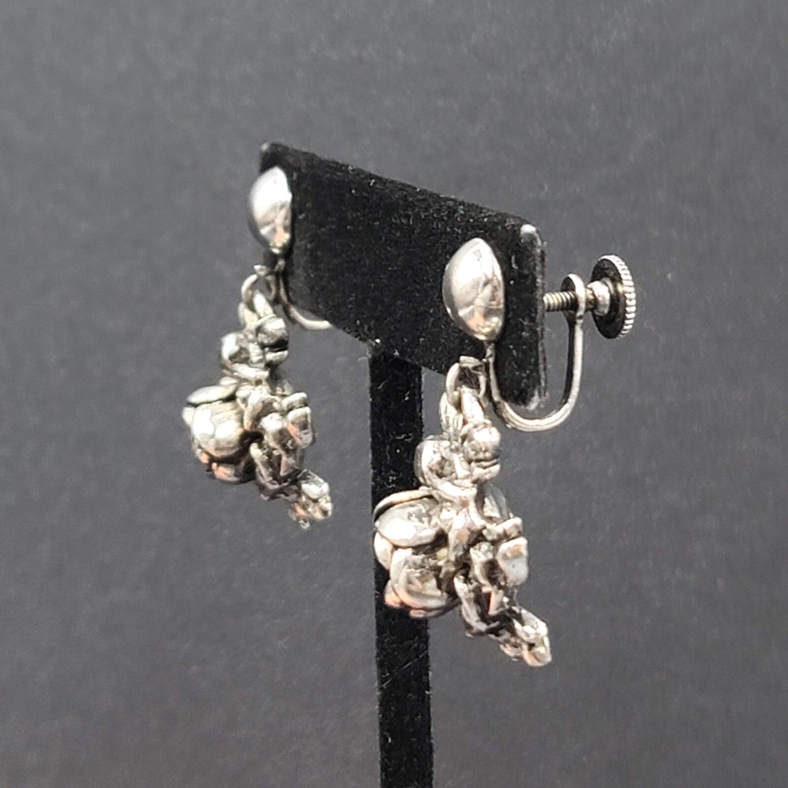 Vintage Clip on Earrings Silver tone 3D Flower Rhinestone Dangle 1"