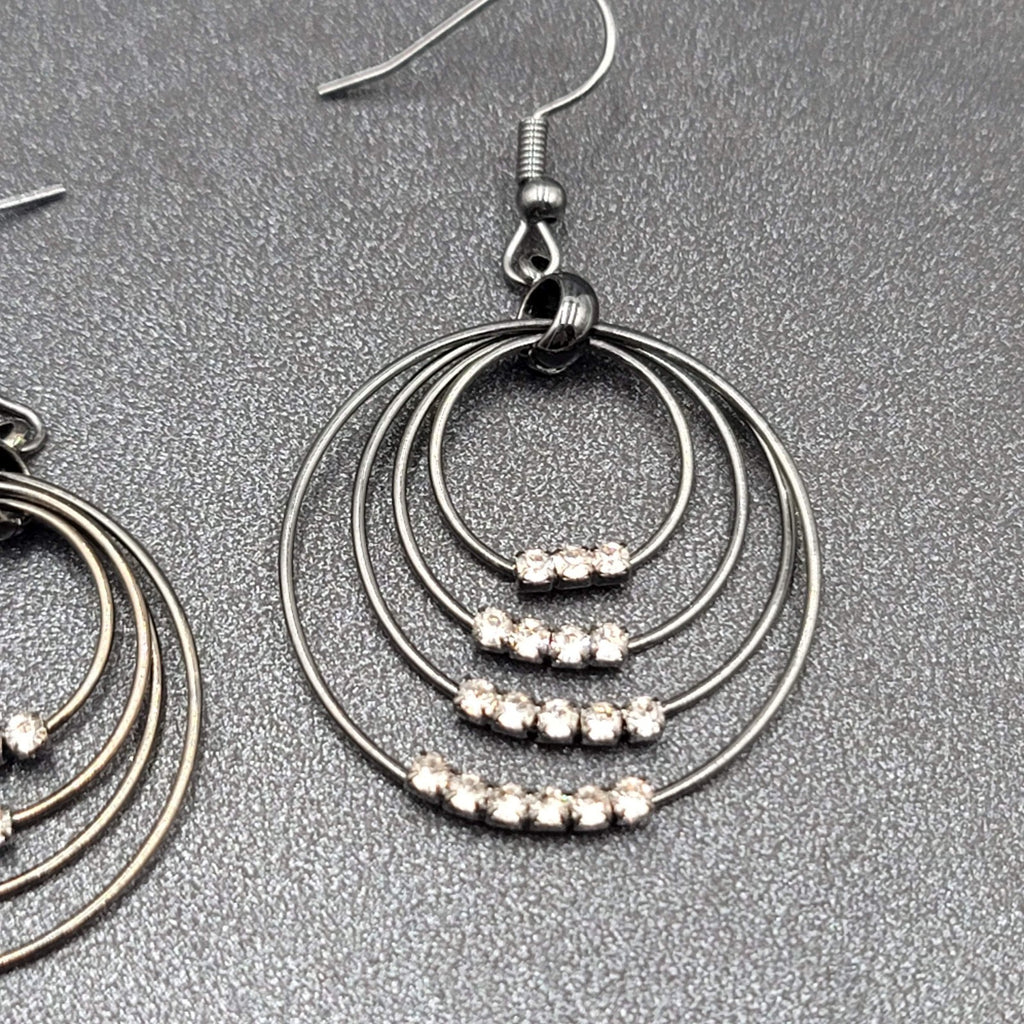 Pierced Earrings Black Metal Crystal Layered Hoops Dangle 1.75"