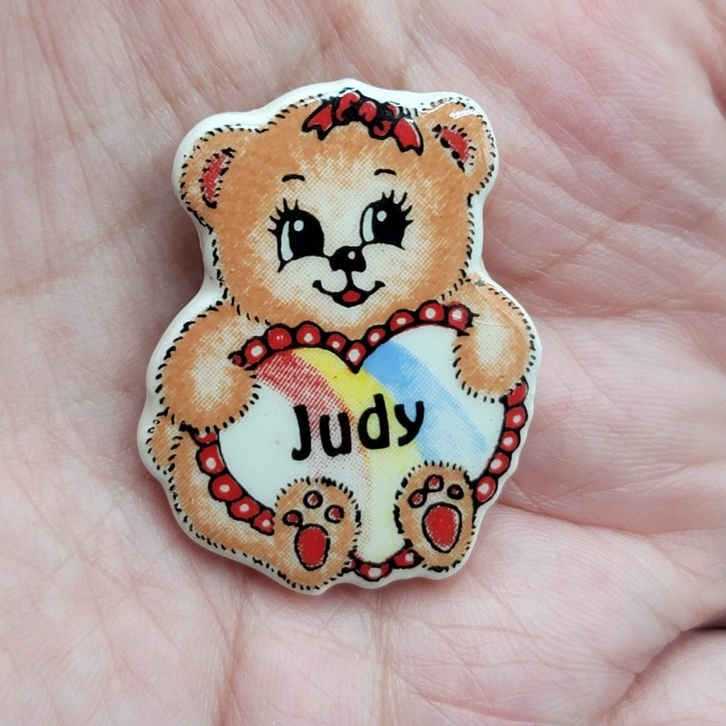 Vintage Bear Heart Ceramic JUDY Name Pin 1 3/8"