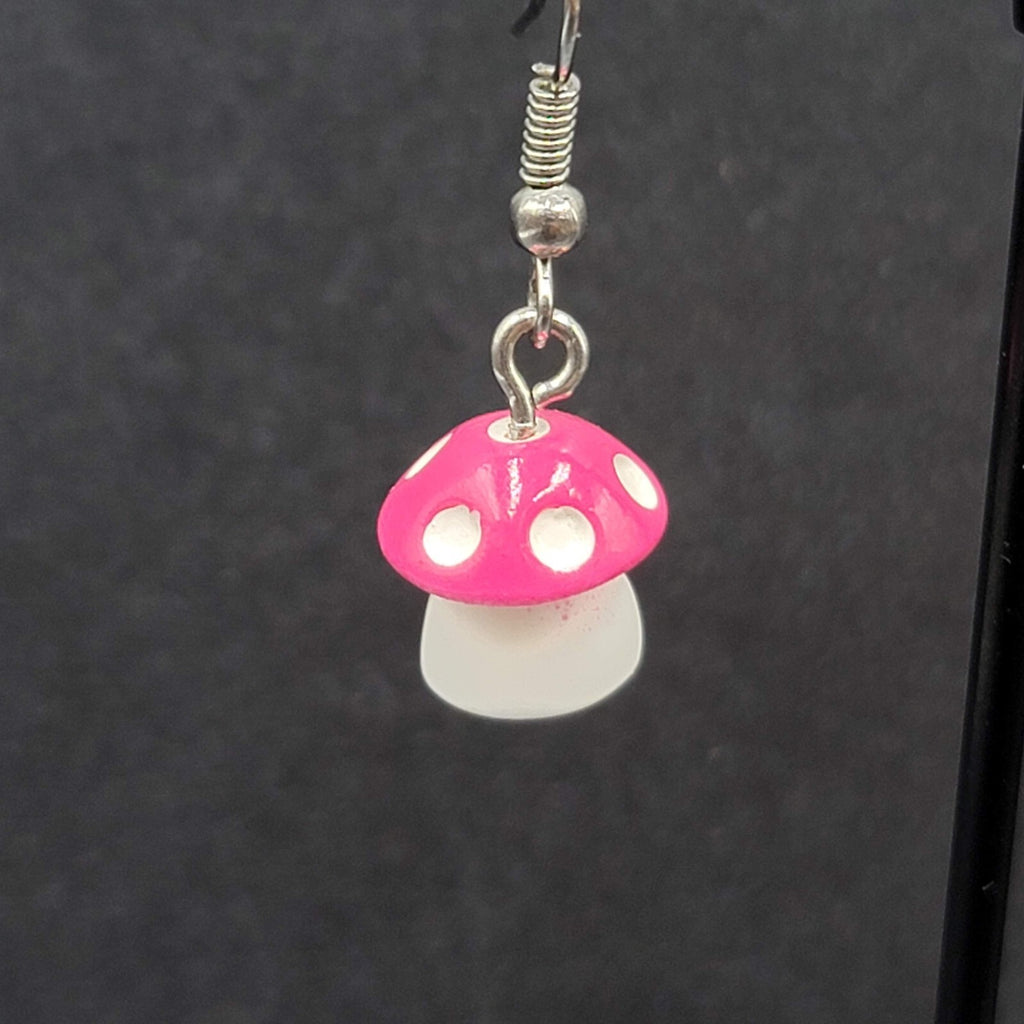 Pink Mushroom Pierced Earrings White Polka Dots Dangle 5/8"