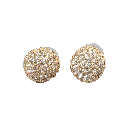 Dome Pierced Earrings Gold tone Clear Rhinestone 5/8 in