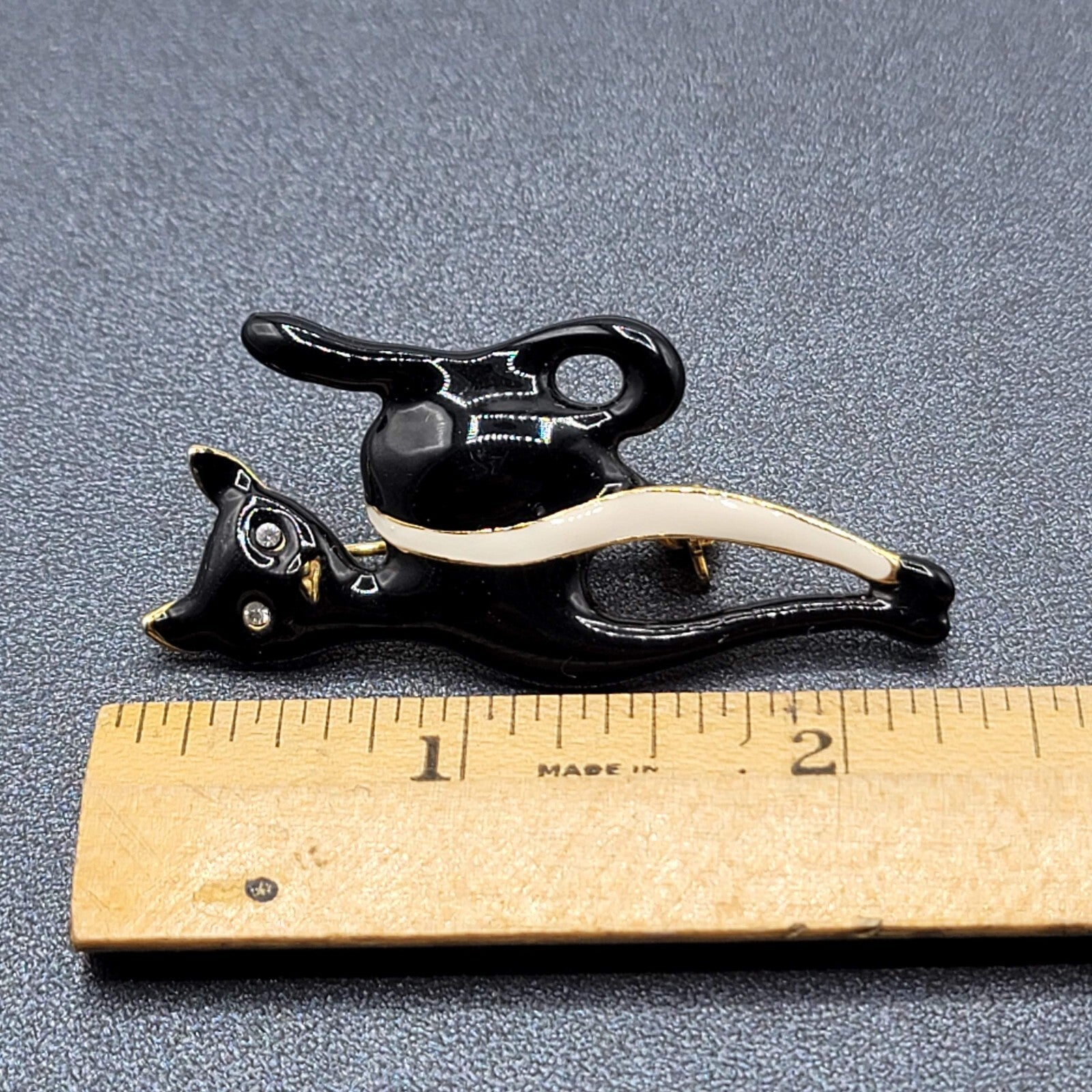 Vintage Black Cat Brooch Enamel Rhinestone Eyes 2.25"