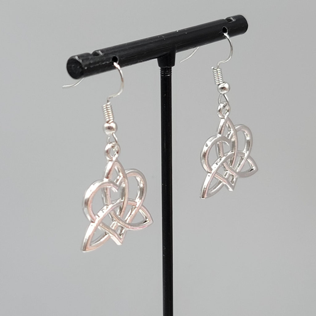 Celtic Heart Knot Pierced Earrings Silver tone Dangle 7/8"
